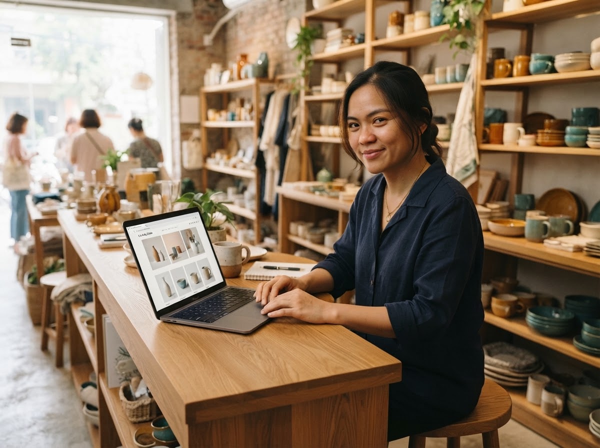 Chủ cửa hàng gốm đang quản lý website trên máy tính xách tay
